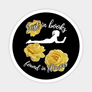 Lost in Books, Found in Flowers – book lover among yellow roses Magnet